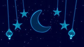 Eid Mubarak animation with crescent moon, neon stars and lanterns.	