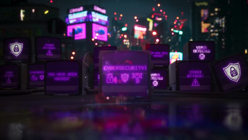 Retrofuturist Realities of Cybersecurity in the Cyberpunk Cityscape Through Vintage TV Screens 3D Render - Powered by Shutterstock - Get 15% off with code: PIKWIZARD15