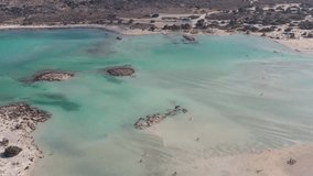Aerial drone view over Elafonisi beach, Crete island, Greece. Sandy beach and turquoise water