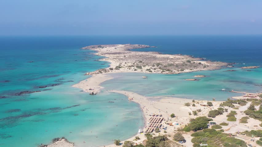 Aerial drone view over Elafonisi beach, Crete island, Greece. Sandy beach and turquoise water
