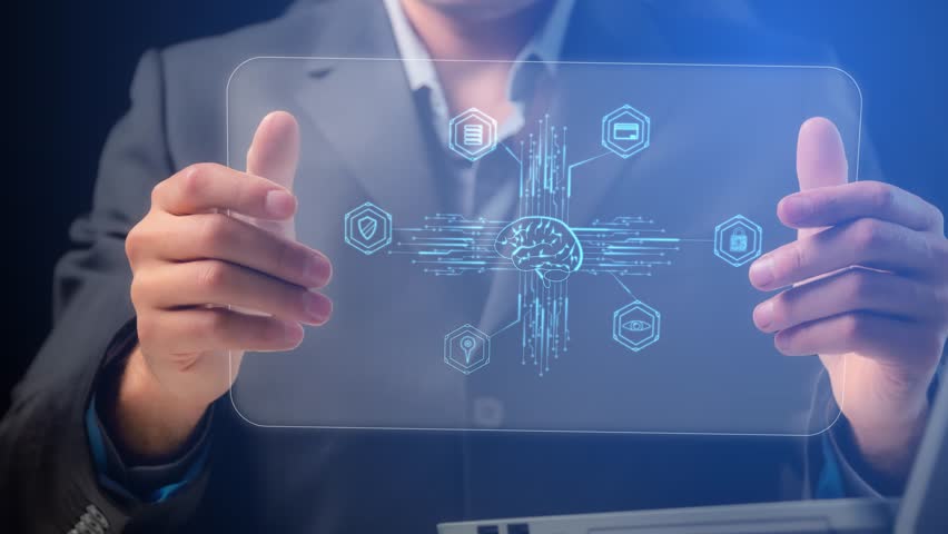 On the screen of a transparent tablet there are symbols of information security and artificial intelligence in the hands of a person. Cg - Powered by Shutterstock - Get 15% off with code: PIKWIZARD15