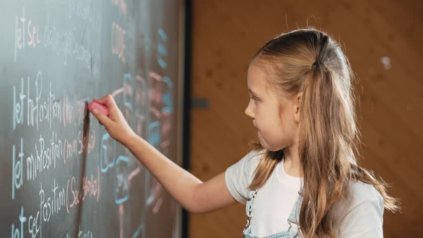 Panorama shot of girl writing engineering prompt on blackboard. Attractive student planing a project by using coding and programing system in STEM technology innovative class. Closeup. Erudition. Royalty-Free Stock Footage #3465651515
