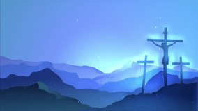 Good friday holy animation. Jesus Christ Crucified On The Cross and the sun sets in purple with twinkling shooting stars. Video animation in 4k quality