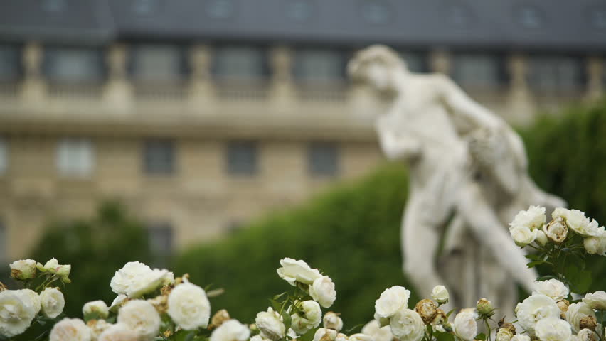 Beautiful white flowers, ancient statue and Luxembourg Palace in Paris, France
