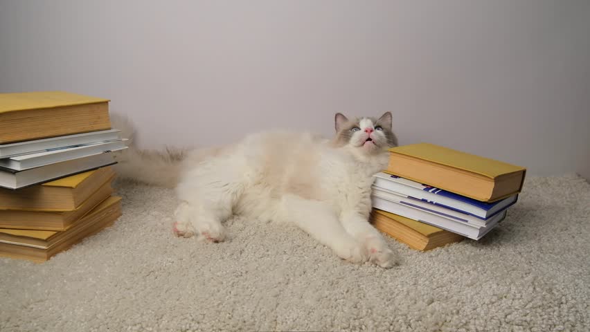 Cat with books on the carpet.