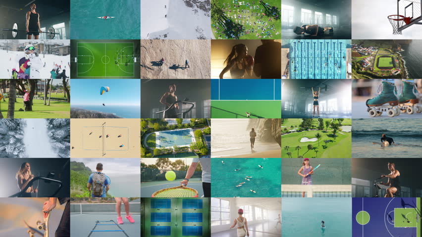 Sport collage concept. Healthy people exercising. Different sports Tennis, Basketball, Gym, Paragliding, Snowboarding, Beach Baseball, Jogging, Surfing, Fitness, Swimming, Climbing, Boxing, Football Royalty-Free Stock Footage #3465962949