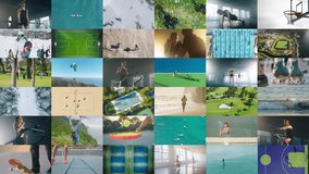 Sport collage concept. Healthy people exercising. Different sports Tennis, Basketball, Gym, Paragliding, Snowboarding, Beach Baseball, Jogging, Surfing, Fitness, Swimming, Climbing, Boxing, Football - Powered by Shutterstock - Get 15% off with code: PIKWIZARD15