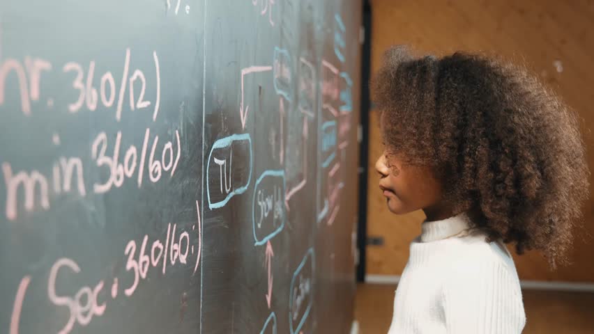Site view of young african girl writing engineering prompt or code on blackboard. Skilled smart student planing a project by using coding and programing system in STEM technology classroom. Erudition. Royalty-Free Stock Footage #3465982939