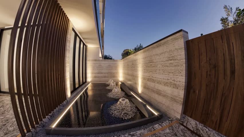 Backyard Design with Pond - 3D Render - Panorama 180