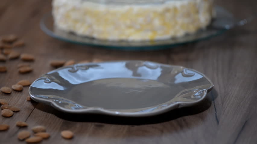 Put a piece of Esterhazy cake in a plate