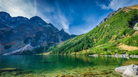 Green water lake Morskie Oko, Tatra Mountains, Poland. Timelapse 4K
