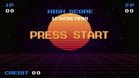PRESS START insert coin to continue. pixel art .8 bit game. retro game. for game assets. classic retro 80s style sunset background.	 - Powered by Shutterstock - Get 15% off with code: PIKWIZARD15
