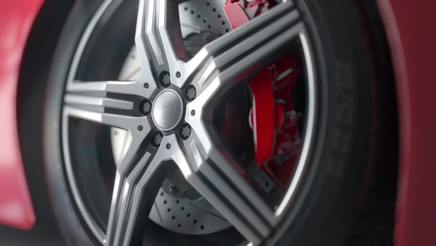 Car wheel on the road. Close up spinning sport car wheel. 3d animation