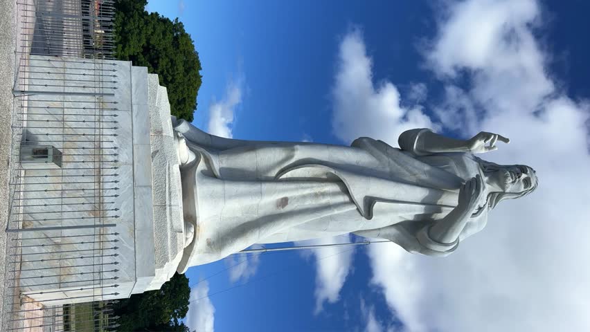 HAVANA, CUBA - DECEMBER 20, 2023: The Havana Christ. A large sculpture of Jesus of Nazareth in white Carrara marble, located on a hilltop in Casablanca, Cuba.