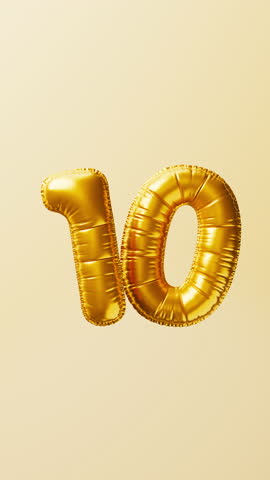 Golden balloons Number 10 rise and float animation. Anniversary concept. 3d render. 3D Illustration