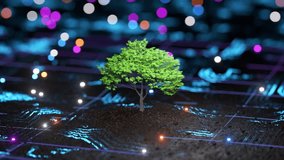 A lone tree stands amidst glowing digital lines on a dark surface, symbolizing nature meets technology. 3D Illustration - Powered by Shutterstock - Get 15% off with code: PIKWIZARD15