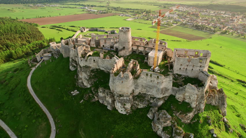 Aerial view of the Spis castle at sunrise, Unesco World Heritage Site, Slovakia. Spissky hrad medieval castle. Spis Castle in the town of Spisske Podhradie in Slovakia. Drone orbit shot