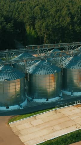 Aerial Elevated Top View Modern Granary, Grain-drying Complex, Commercial Grain Or Seed Silos In Sunny Spring Rural Landscape. Corn Dryer Silos, Inland Grain Terminal, Grain Elevators In A Field. Royalty-Free Stock Footage #3466372357