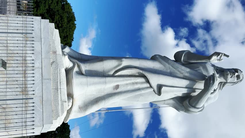HAVANA, CUBA - DECEMBER 20, 2023: The Havana Christ. A large sculpture of Jesus of Nazareth in white Carrara marble, located on a hilltop in Casablanca, Cuba.