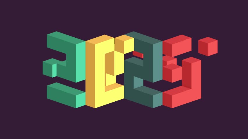 Numbers 2025 made of cubes in retro colors. Video background for greeting card, postcard, flyer. Happy New Year 2025. 3D animation, isometric style.