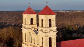 Raudondvaris, Kaunas district. Aerial 4K footage of St. Theresa of the child Jesus church. Drone video