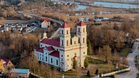 Raudondvaris, Kaunas district. Aerial 4K footage of St. Theresa of the child Jesus church. Drone video