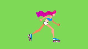 Animated video of retro girl roller skating on green screen background