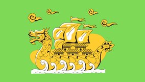 Animated video of golden dragon war ship on green screen background