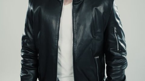 close-up of leather jacket details on man