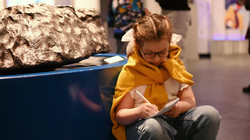 a child studies an exhibit in a museum, a planet Earth, meteorite. High quality 4k footage