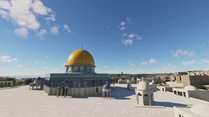 3D - Side aerial drone view of the Dome of the Rock in Jerusalem. Israel