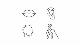 Deafblindness line animation library. Animated icons related to disabilities. Speech and visual disorders. Black illustrations on white background. HD video with alpha channel. Motion graphic