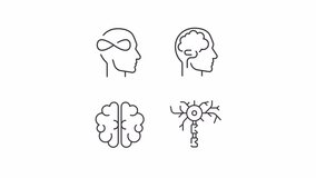 Brain disorder line animation set. Animated icons related to neurological conditions. Memory loss. Black illustrations on white background. HD video with alpha channel. Motion graphic