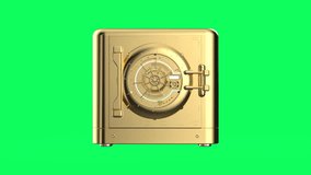 3d rendering golden bank safe or gold safe isolated on green screen video 4k