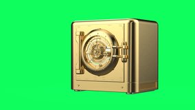 3d rendering golden bank safe or gold safe isolated on green screen video 4k