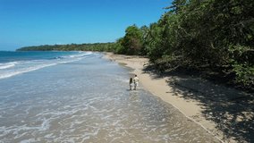 Beautiful drone video of a couple walking on a beach from Costa Rica