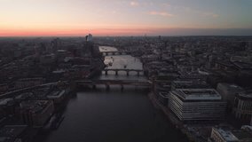 Last Light, City Center, Central London and Thames River, Sunset, Establishing Aerial View Shot of London UK, United Kingdom