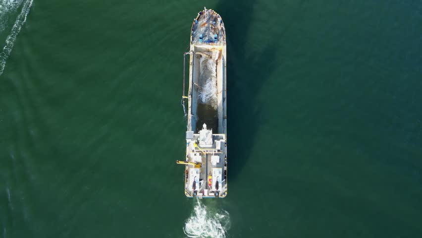 Sand dredging ship collect tons of sand and seawater for a coastal city replenishment project. Drone view Royalty-Free Stock Footage #3466817503
