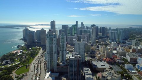 MIAMI, FL, USA - DECEMBER 31, 2017: Aerial video bank buildings Downtown Miami high above 4k