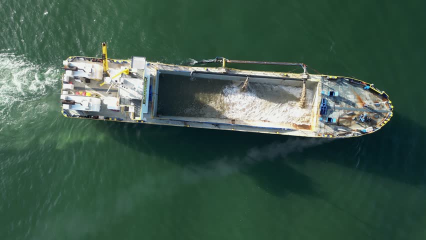Sand dredging vessel positioned in a city shipping channel to remove built up sand from the waterway. Drone view Royalty-Free Stock Footage #3466834631