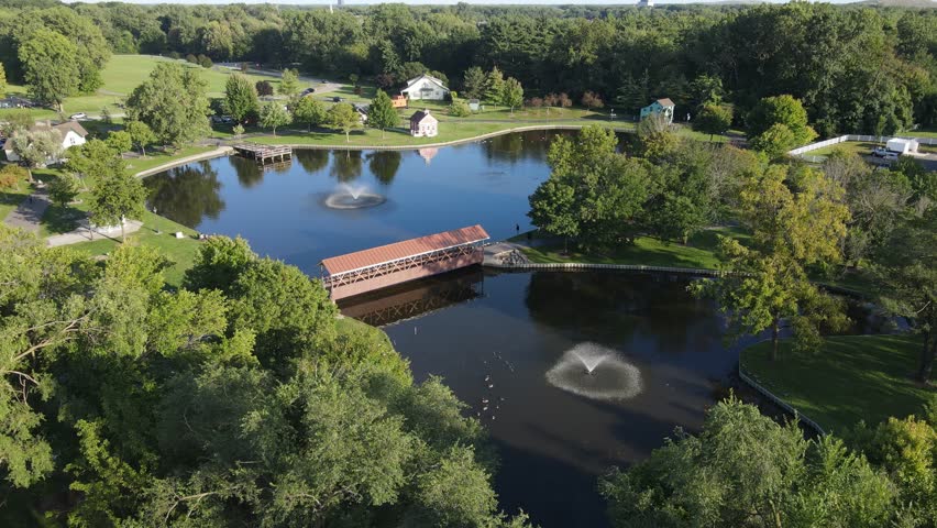 Cozy Coan Lake in aerial view in Heritage Park, Taylor, Michigan, USA 
