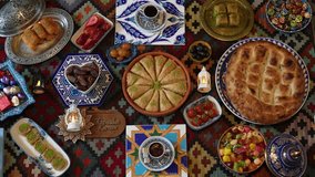 Eating Turkish Traditional Desserts on Ramadan Iftar Table. The fast ends with Dates or Turkish Pita. Eid al-Fitr Celebrations, Eid Mubarak Concept Video, Üsküdar Istanbul, Turkey (Turkey)