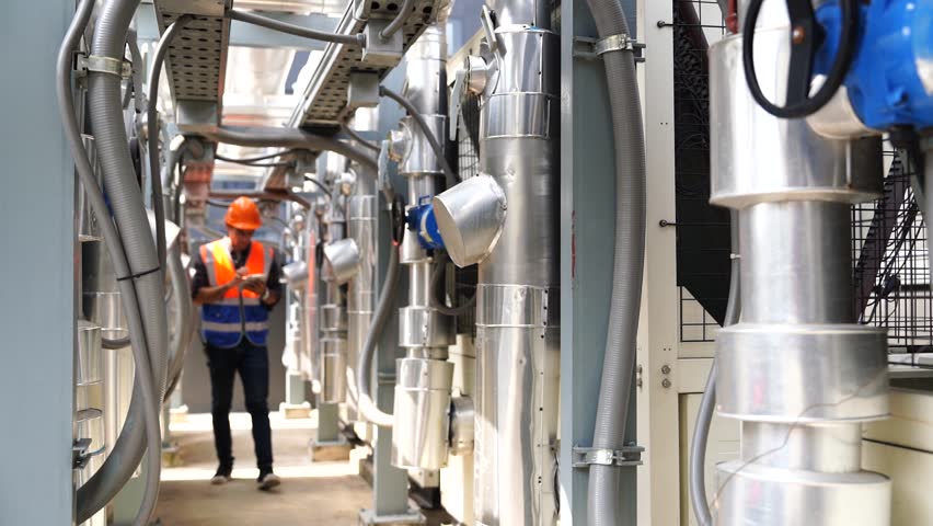Foreman engineer wearing reflective jacket, hard hat, inspecting, maintaining, insuring air compressor and plumbing system, building on roof of construction building.