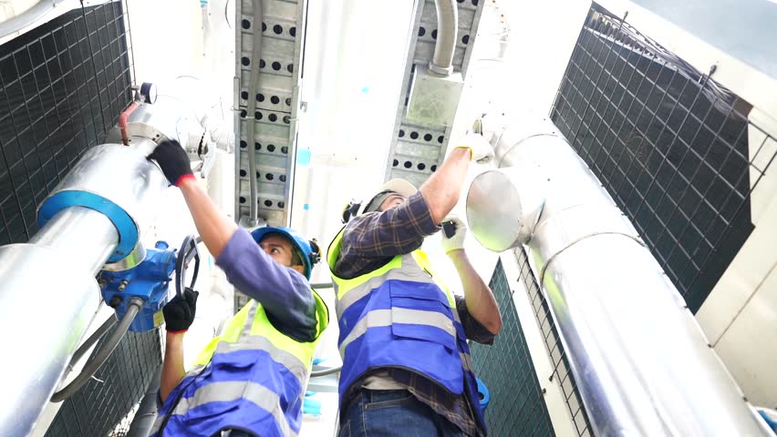 Asian male engineer standing and talking with a foreman wearing a reflective jacket, hard hat, maintaining valves, inspecting plumbing systems, building on rooftop of construction building.