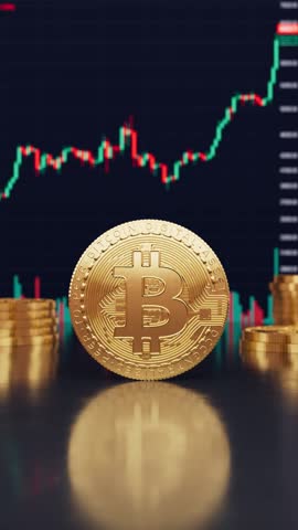 A bitcoin golden coin rotating in front of a BTC candlestick price chart background in realistic 3D animation. Bullish Bitcoin price rising, cryptocurrency, 2p2 exchange and blockchain concept Royalty-Free Stock Footage #3466983079