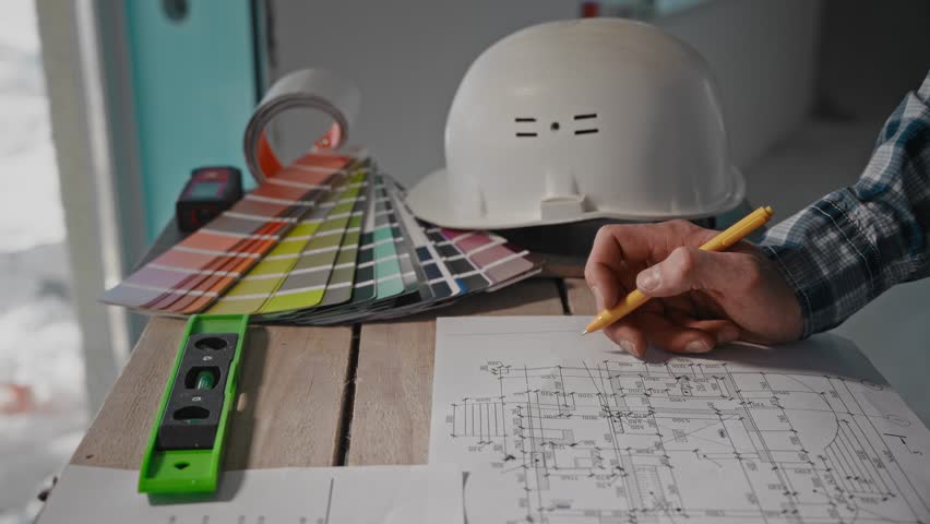 A man sitting at a table, drawing a blueprint with a pencil