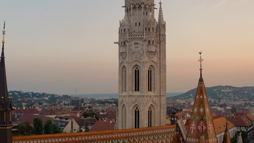 Close-up aerial view showcasing the details of Matthias Church