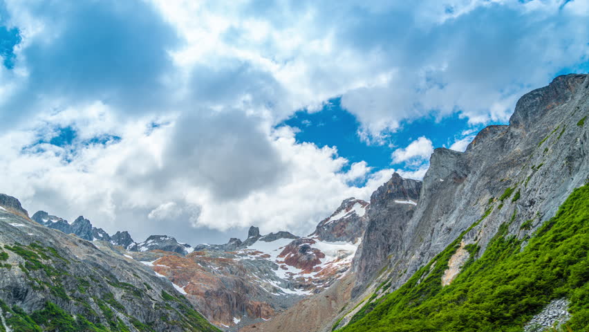 Timelapse view of the mountain range between Argentina and Chile on cloudy weather, Ushuaia, Tierra del Fuego, Patagonia, Argentina.