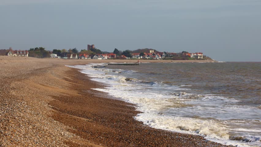 Stretch of beach between Aldeburgh and Thorpeness and possible landfall site for the National Grid Sea Link programme. Royalty-Free Stock Footage #3467059315