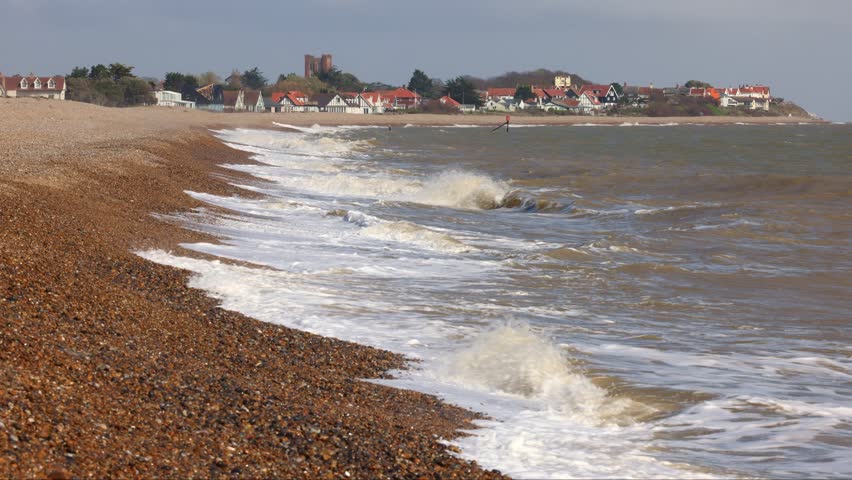 Stretch of beach between Aldeburgh and Thorpeness and possible landfall site for the National Grid Sea Link programme. Royalty-Free Stock Footage #3467067697